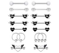 APMGONT 8 Pairs 14G Nipple Rings for Women, 316L Stainless Steel Nipple Piercing Set CZ Heart Devil Nipple Barbells Tongue Bar Body Piercings Jewelry, Silver/Black