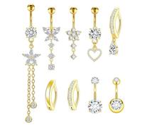 APMGONT 9 Pcs Stainless Steel Belly Button Rings Gold/Silver Belly Bar 14G Navel Bars Barbell Navel Bars Piercing Jewellery Star Butterfly Tassel Heart Navel Rings (Gold)