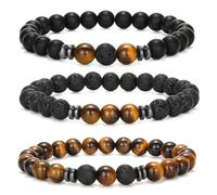 APMGONT Beaded Bracelet Set, 3 pcs Bracelets, 8mm Strength Beads Natural Stone Tigers Eye Bracelets Black Crystal Bracelet Men Women Gifts (Tiger Eye)