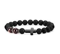APMGONT Cross Bracelets for Men,Elastin Natural Stone Bracelets,Obsidian Bracelets,Jesus Cross Bracelet,Bead Obsidian Cross Bracelets,Confirmation Holy Communion Father's Day Birthday (Red)