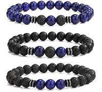 APMGONT Men Beaded Bracelet Set, 3 pcs Natural Stone Beads Bracelet Set, 8mm Elastic Lava Rock Bracelets Beaded Tigers Eye Black Crystal Bead Bracelets for Men Women Gifts (Lapis lazuli)