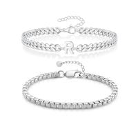 APMGONT Mens Bracelets Cuban Link Chain, 6MM Stainless Steel Hip Hop Bracelet, 2 PCS Men's Strong Antique Cuban Silver Bracelet with Initial Letter, Gifts for Him Dad Boyfriends (Silver R)