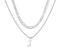 APMGONT Mens Initial Necklace, Stainless Steel Silver Figaro Chain Twist Rope Link Chain with A-Z Letter Pendant Layered Chain Necklace for Men Dad Boyfriend Birthday Father's Day Gift (Silver J)