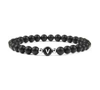 APMGONT Women's Men's Bead Bracelet with Initial, 6MM Couple Beads Bracelet, Natural Black Frosted Agate Bracelet, Black Natural Stone Beads Bracelet with A-Z Letter for Women Men (V)