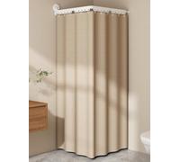 APMOE Wall Mount Folding Shower Curtain Rod - Adjustable L/U Shaped Corner Extendable 90 Degree Shower Curtain Rods for Bathroom, Waterproof Washable Linen Fabric(D-Apricot,95 cm/37.4 in)