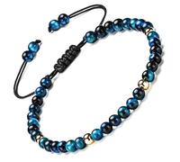 Apocalyptic-K Ladies Stone Bracelet &925 Sterling Silver/Gold,│4MM│,Tourmaline,Obsidian,Agate,Crystal，Hand Woven （Size Adjustable）. (Blue Tiger's Eye&18K Gold,4MM)