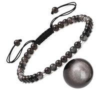 Apocalyptic-K Ladies Stone Bracelet &925 Sterling Silver/Gold,│4MM│,Tourmaline,Obsidian,Agate,Crystal，Hand Woven （Size Adjustable）. (Silver Obsidian，4MM)