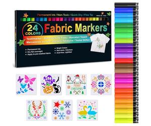 APOGO 24 Fabric Pens and 7 Stencils - Fabric Markers Fabric Pens Permanent for Clothes Tshirt Plain Tote Bags Canvas Shoe Textile Markers Fabric Paint Pens for Adults kids Crafts Kit