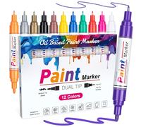 APOGO Dual Tip Paint Pens Paint Markers (0.7mm & 2-3mm), 12 Colors Permanent Paint Marker Pens Set, Oil Based Waterproof Paint Pen for Rocks Painting, Wood, Metal, Plastic, Canvas, Pumpkins