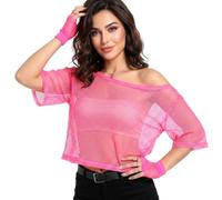 Apojgitn 80s Neon Shirts for Women, Off Shoulder Mesh Top with Fishnet Gloves Festival Clothes for Women Casual Sexy 80s Costumes Suitable for Masquerade Disco Party (Pink, Plus Size)