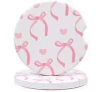 Apojgitn Pink Bow Car Coasters, 2PCS Ceramic Coasters for Cup Holders - Cute Car Accessories & Decor for Women, Girly Cars Essentials for Anti Slipping with Finger Notch