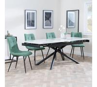 Apollo Extending Dining Set - 6-10 Seater - 160cm-220cm - White Ceramic - Corona Dining Chair - Green Fabric