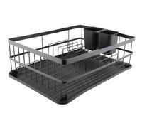 apollo THE HOUSEWARES BRAND Black Flat Iron Dish Drainer with Drip Tray | Large, Elevated Drying Rack, Sink Organiser for Plates, Cups, Pots, Two Pots for Cutlery, 40x30x15cm