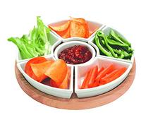 apollo THE HOUSEWARES BRAND Rotating Lazy Susan Dip Set - Hevea Wood with 6 Ceramic Dishes - Size 35cm - Light Brown / White Ceramic Dishes