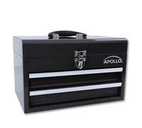 Apollo Tools 14 Inch Steel Tool Box with Deep Top Compartment and 2 Drawers in Heavy-Duty Steel With Ball Bearing Opening and Powder Coated Finish - Black - DT5010