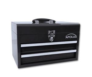 Apollo Tools 14 Inch Steel Tool Box with Deep Top Compartment and 2 Drawers in Heavy-Duty Steel With Ball Bearing Opening and Powder Coated Finish - Black - DT5010