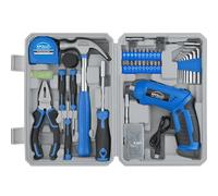 Apollo Tools 81-Piece Home Tool Set with 3.6V Li-Ion USB Cordless Screwdriver, Rotating Handle, LED Light, Hand Tools & Picture Hanging Kit - Compact Household Repair & DIY Kit, Blue/Gray DT2020
