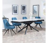 Apollo White Ceramic Extending Dining Set - Arctic Blue Velvet Fabric Swivel Dining Chair