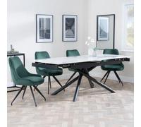 Apollo White Ceramic Extending Dining Set - Arctic Green Velvet Fabric Swivel Dining Chair