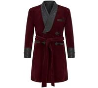 Apornipal Men's Long Velvet Smoking Jacket Double Breasted Wedding Dinner Party Long Warm Blazer Coats with Belt, Wine Red, 42