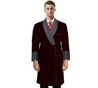 Apornipal Men's Long Velvet Smoking Jacket Smoking Robe with Belt Shawl Lapel Quilted Dressing Gown, Deep Burgundy, 48