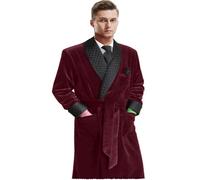 Apornipal Men's Long Velvet Smoking Jacket with Belt Shawl Lapel Smoking Robe Quilted Dressing Gown, Wine Red, 48