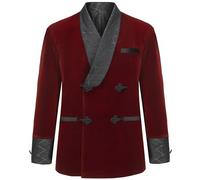 Apornipal Men's Short Velvet Smoking Jacket Double Breasted Smoking Robe Wedding Party Blazer Coat, Burgundy, 44
