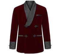 Apornipal Men's Short Velvet Smoking Jacket Double Breasted Smoking Robe Wedding Party Blazer Coat, Wine Red, 40
