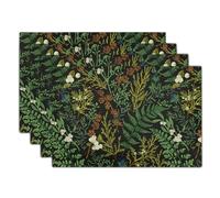 aportt Green Leaves Placemats Set of 4 Botanical Fern Leaf Floral Place Mats Washable Kitchen Dining Spring Summer Black Linen Table Mats Stain Heat-Resistant for Home Party Indoor 12x18 in