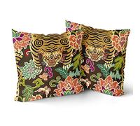 aportt Tiger Pillow Cover Set of 2 Chinoiserie Animal Print Tiger Stripe Cotton Decorative Throw Pillow Case Cushion Cover for Bedroom Sofa Living Room Couch Chair Office 16 x 16 Inch