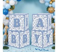 Aposwow Blue Safari Baby Boxes with Letters Baby Shower Decorations, 3PCS Blue Toile De Jouy Boxes with Baby Letters Party Decoration, Jungle Safari Animals Party Gender Reveal Decor Supplies