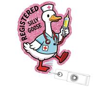 Aposwow Funny Goose Badge Reels - Silly Registered Goose Retractable Badge Holders with Alligator Clip Glitter Badge Reel Clips for Nursing Nurse CNA RN Medical Worker Doctors Student Office Gifts