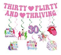 Aposwow Thirty Flirty and Thriving Decorations - 10PCS 30 Flirty and Thriving Banners with Hanging Swirls Birthday Decoration Talk 30 to Me Bday Decor Supplies for 30th Women