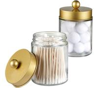 Apothecary Jars Bathroom Storage Organizer -Countertop Storage Organizer Canister Jar - Cute Qtip Dispenser Holder Glass with Lid- for Cotton Swabs,Bath Salts,Hair Band / 2-Pack(Gold)