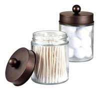 Apothecary Jars Bathroom Storage Organizer - Cute Qtip Dispenser Holder Vanity Canister Jar Glass with Lid for Cotton Swabs,Rounds,Bath Salts,Makeup Sponges,Hair Accessories/Bronze (2 Pack)