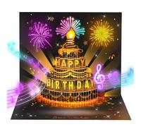 APOTODITO Firework Birthday Cards, 3D Pop Up Greeting Cards, Sound and Light & Blowable Candle on Cake, Greeting Cards, Elegant Birthday Gift for Mum Grandma Wife Husband Women Men (Black&Gold)