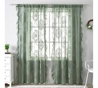 apott Green Lace Sheer Curtains 2 Panels Floral Net Curtains for Bedroom Embroidered Vintage Voile Drapes for Windows Living Room Rod Pocket, 55x39 Inch