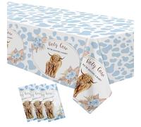 APOWBLS Highland Cow Baby Shower Decorations Tablecloth - Disposable Holy Cow Baby Boy Party Supplies Table Cover, Blue Highland Cow Baby Shower Table Decorations Table Cloth - 3Pack (54in x 108in)