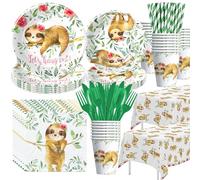 APOWBLS Sloth Birthday Party Supplies Girl, Sloth Party Decorations Tableware, Paper Plate, Cup, Napkin, Cutlery, Tablecloth, Jungle Animal Sloth Birthday Baby Shower Decorations Dinnerware | Serve 24