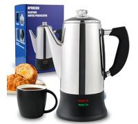 APOXCON 12-Cup Electric Coffee Machine with Cordless Server - CE Certified Stainless Steel Coffee percolator, Heat-Resistant Glass Knob, Multi-Use for Tea/Cocoa/Oatmeal, Fast Brew & 30mins Keep Warm