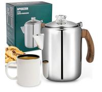 APOXCON Coffee Percolator Pot Stainless Steel Coffee Maker with Tough Glass Knob & Treated Solid Wood Handle & Drip-Free Spout Camping Coffee Pot Using on any Stovetop NO Aluminum NO Plastic (8 Cup)