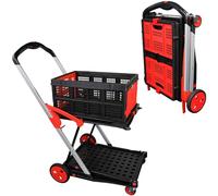 APOXCON Folding Shopping Cart with One Crate, Multiple Uses Two Tier Collapsible Cart with 360° Rolling Swivel Wheels, Heavy Duty Utility Cart Foldable Trolley for Shopping, Picnic and Office - Red