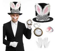 Apparlxer White Rabbit Costume Accessories Set,Bunny Costume Easter Bonnet Hat with Glasses Bow Tie Cane Brooch Rabbit Nose Gloves,Easter Fancy Dress for Men Women