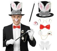 Apparlxer White Rabbit Costume Accessories Set,Bunny Costume Easter Bonnet Hat with Glasses Bow Tie Cane Brooch Rabbit Nose Gloves,Easter Fancy Dress for Men Women