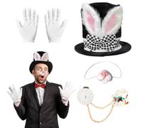 Apparlxer White Rabbit Costume Accessories Set,Bunny Costume Easter Bonnet Hat with Glasses Bow Tie Cane Brooch Rabbit Nose Gloves,Easter Fancy Dress for Men Women