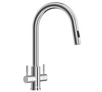 APPASO Kitchen Tap Dual Lever, Polished Chrome 2 Handles Monobloc Kitchen Mixer Taps 1 Hole with Pull Out Sprayer 2 Modes 360°Swivel, High Arch Mono Sink Faucet Twin Lever High Pressure