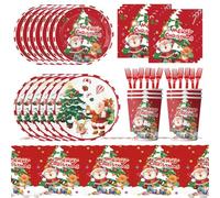 APPCRFM Merry Christmas Tableware Set, Christmas Red Party Tableware, Merry Tablewares Set, Plate Paper Cup Paper Napkin Tablecloth- Suitable for 10 Guests