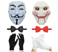 APPCRFM Scary Clown Puppet Costume,Horror Halloween Fancy Dress Costume Set,V-Shaped Mask Chainsaw Mask Red Tie Black Tie White Gloves Black Gloves,Halloween Massacre Cosplay Outfit Creepy Scary