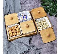 Appetizer Serving Plate, Ceramic Appetizer Serving Plate with Bamboo Tray Cover for Fruits Nuts Desserts with Lid for Party, Wedding, Birthday(4-Compartment)