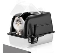 APPKER Stainless Steel Cat Litter Box Fully Enclosed, Extra Large Metal High Sided Cat Box with 120° Fully Transparent See-Through Flip Lid, Scoop & Mat - Black - XL